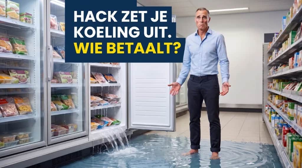 Een man staat op blote voeten in het smeltwater van open vrieskasten in een supermarkt, met de tekst: hack zet je koeling uit, wie betaalt?
