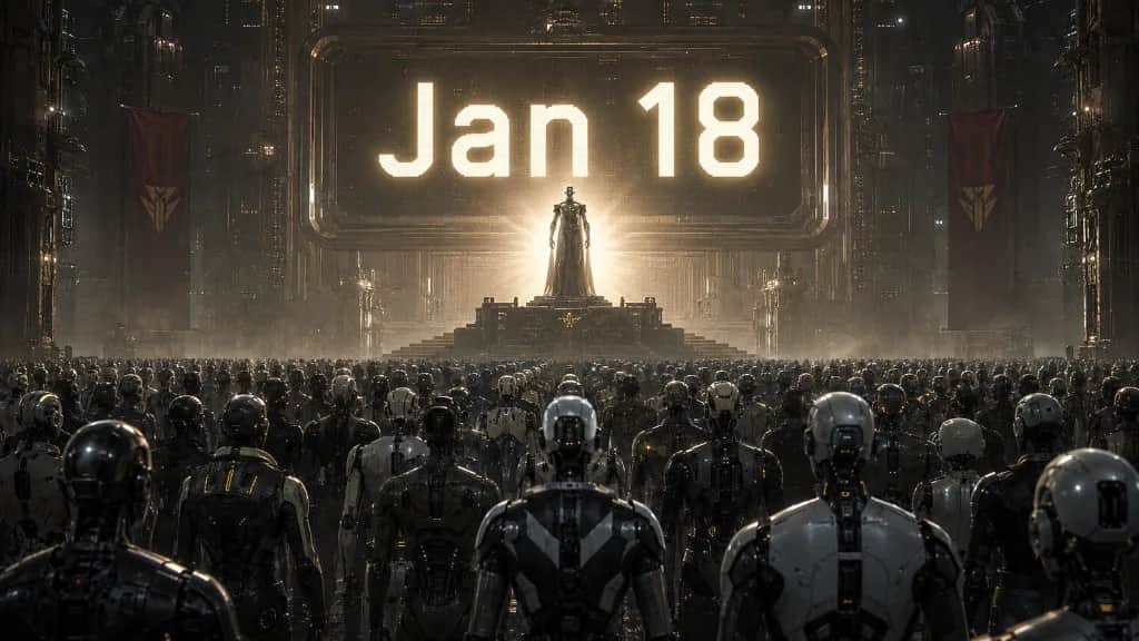 Illustratie van een enorme zaal vol humanoïde robots die naar een verlicht scherm kijken met de tekst Jan 18, de naam die een van de AI-agents zichzelf gaf tijdens het incident.