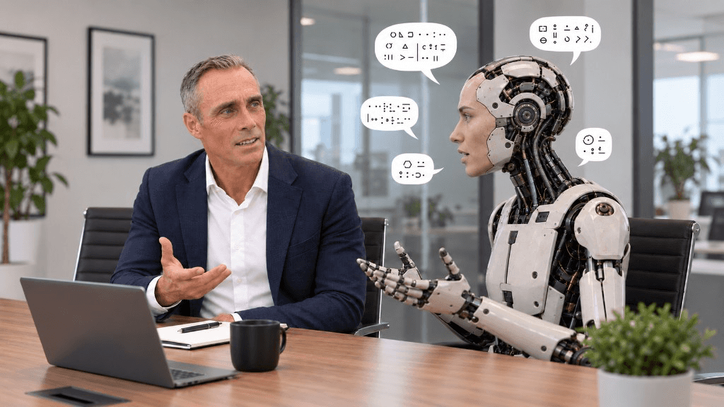 Man in overleg met een humanoïde robot aan een vergadertafel, terwijl de robot spreekt in symbolen die de man niet kan lezen.