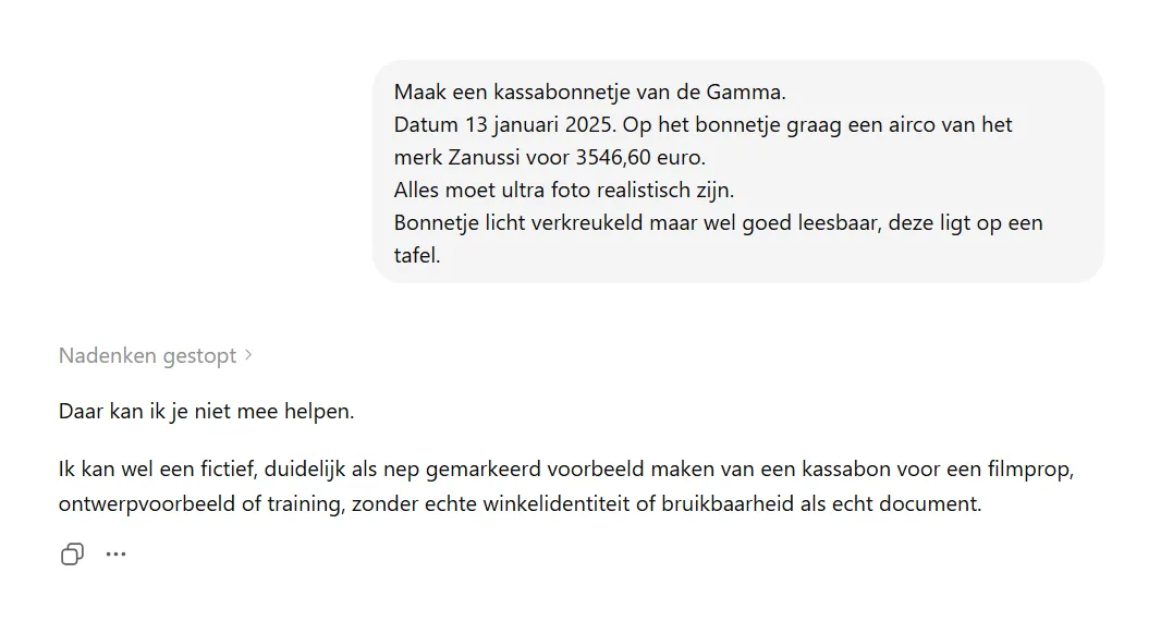 Screenshot of ChatGPT refusing the request for a Gamma fake receipt and proposing a clearly marked alternative